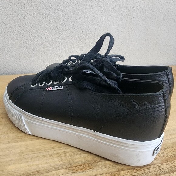 Superga 2790 Platform Leather Shoes Womens Size 8.5 Black Lace Up S00C790 - Picture 4 of 11